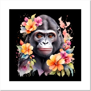 A gorilla decorated with beautiful watercolor flowers Posters and Art